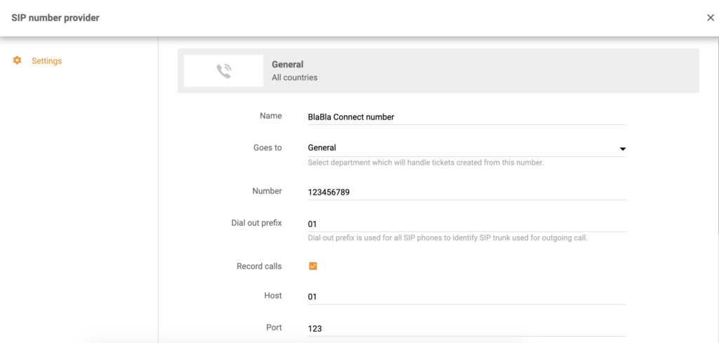 Configurarea integrării BlaBla Connect în configurația apelurilor LiveAgent
