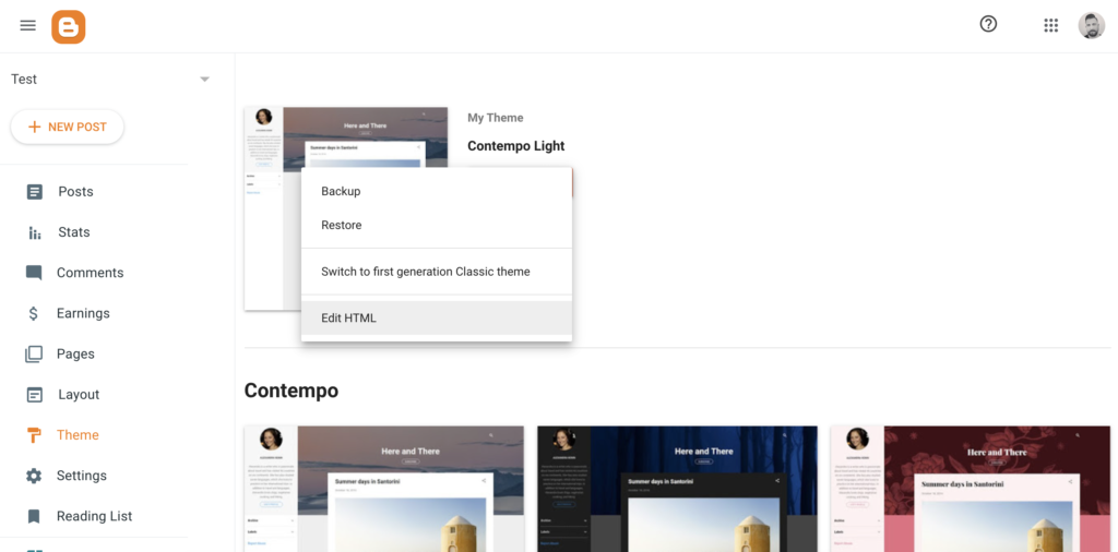 Opțiunea Edit HTML în setările Tema Blogger