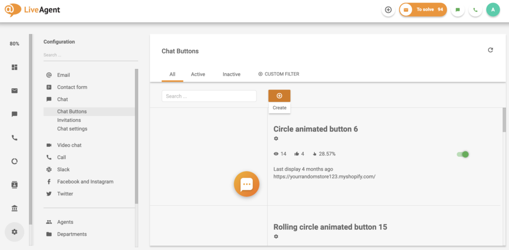 Setări buton chat în configurația LiveAgent