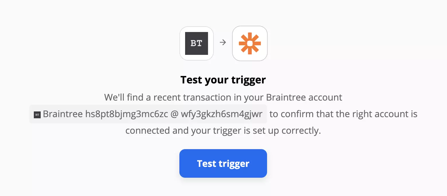 Braintree trigger test on Zapier