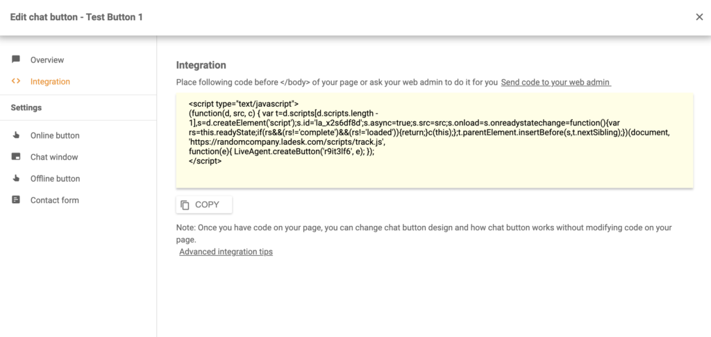 Un cod de buton de chat generat în LiveAgent