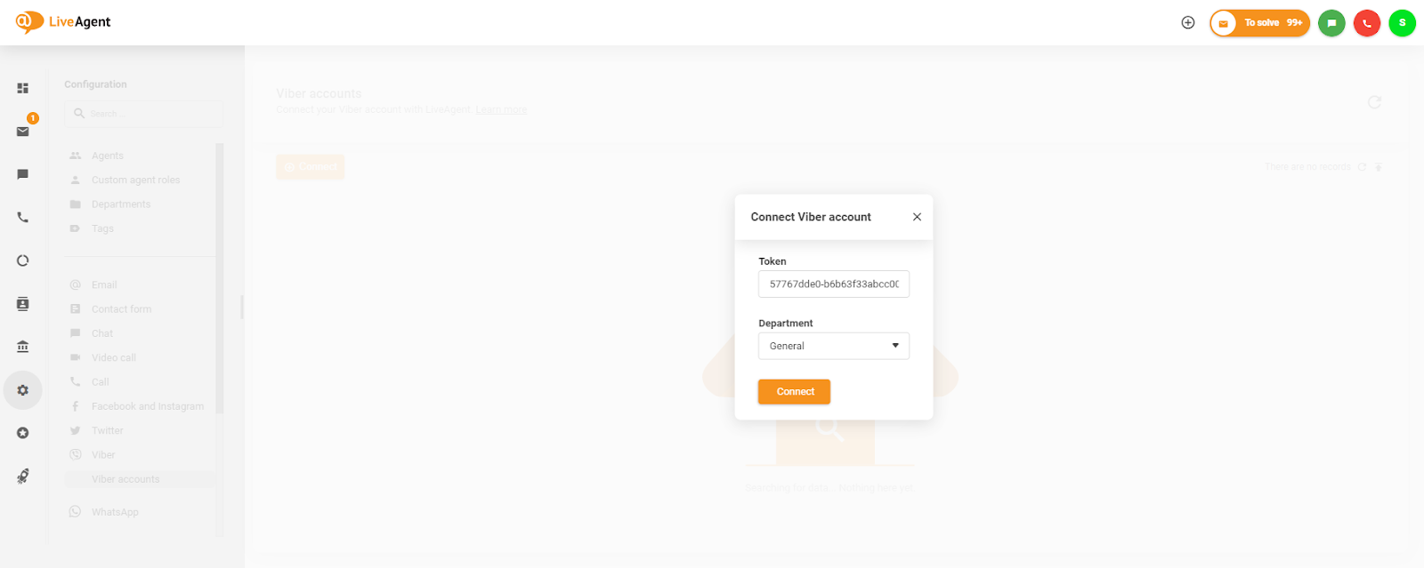 Introducerea token-ului în fereastra de conectare a contului Viber