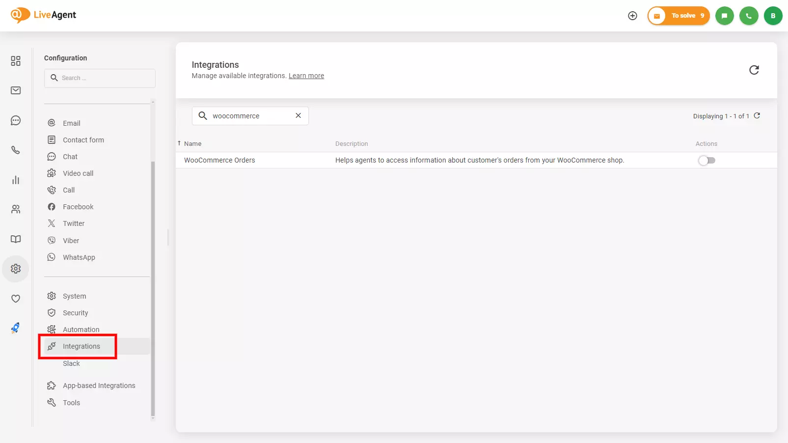 Imagine care arată unde găsești integrarea WooCommerce în LiveAgent