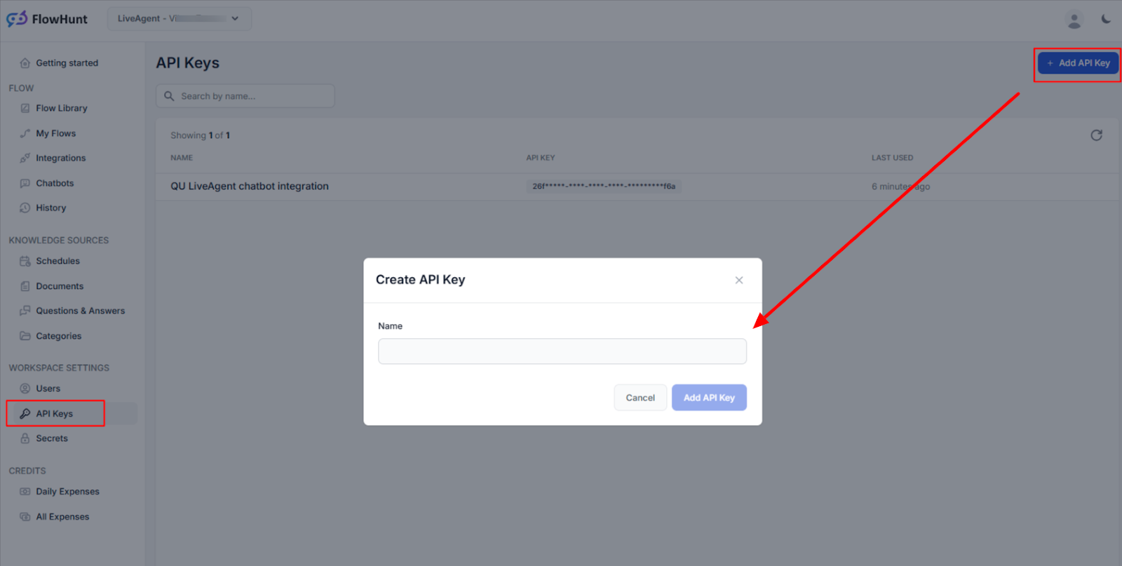Crearea unei chei API pentru integrarea spațiului de lucru FlowHunt cu LiveAgent