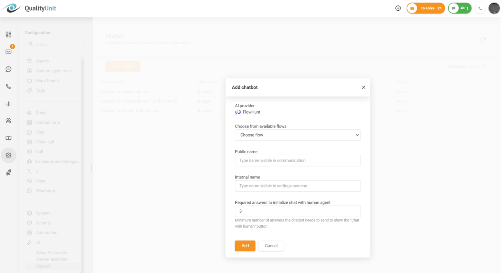 Configurarea răspunsurilor minime necesare înainte de activarea opțiunii de a conversa cu un om