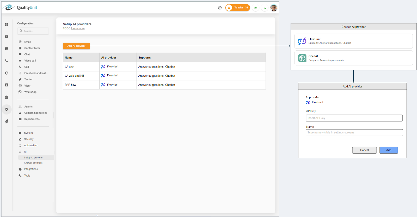 Conectarea furnizorului de IA LiveAgent