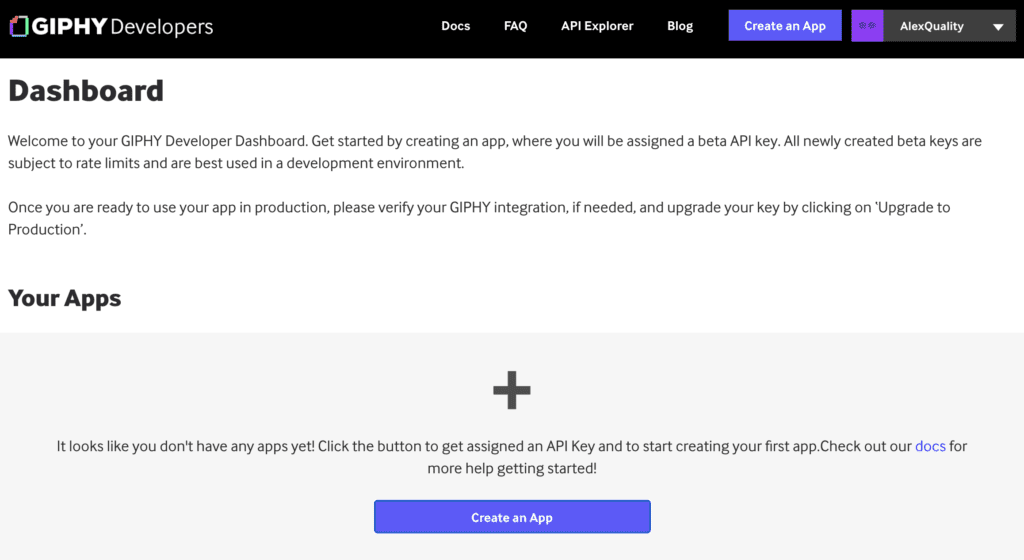Tabloul de bord Giphy cu opțiunea de creare a aplicației pentru a genera o cheie API