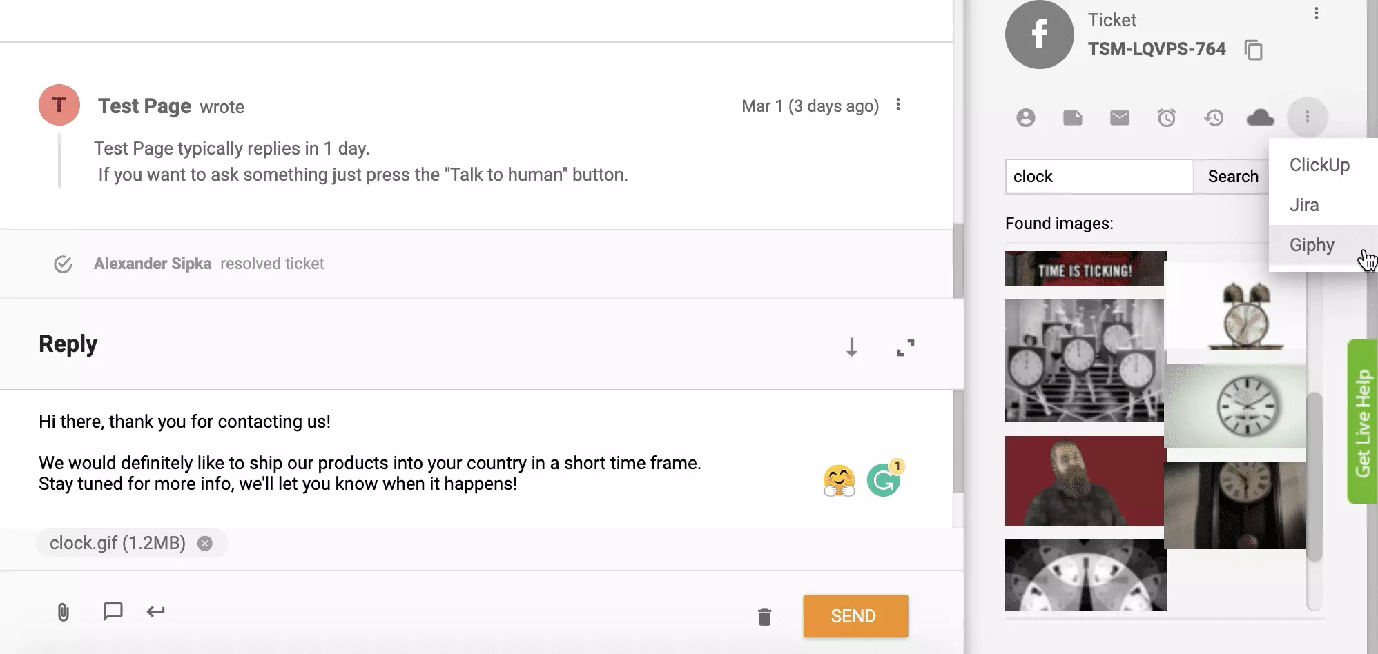 Integrarea Giphy activată și funcțională în sistemul de bilete LiveAgent