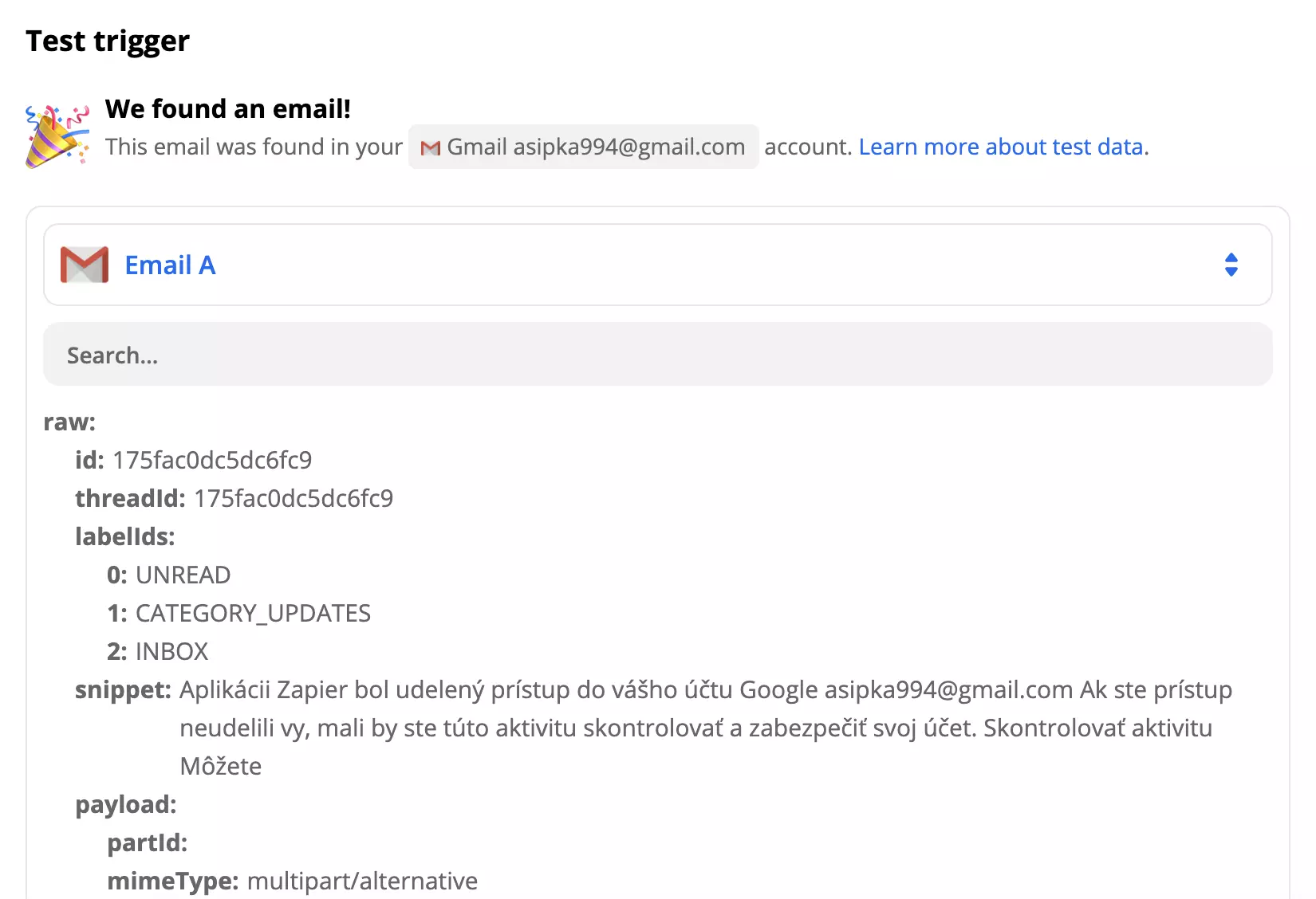 Exemplu de test trigger Gmail