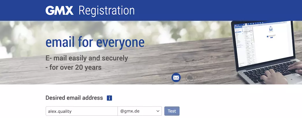 Pagina de înregistrare GMX cu câmpuri de informații