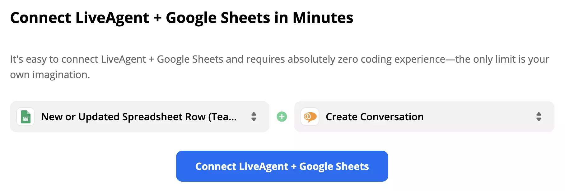 Declanșator Google Sheets selectat și acțiune LiveAgent