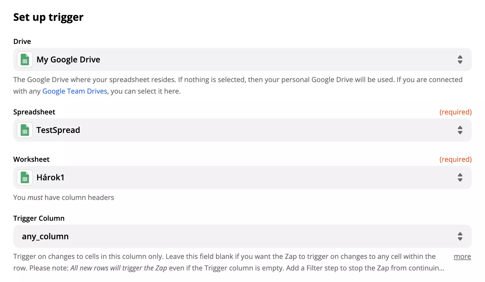 Opțiuni și câmpuri de configurare a declanșatorului Google Sheets