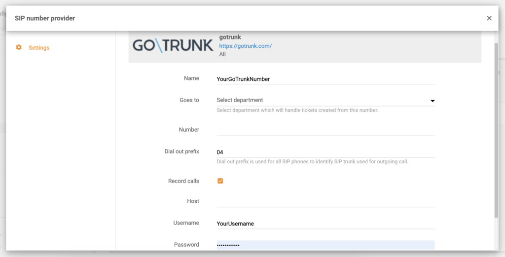 Configurația finală GoTrunk în LiveAgent