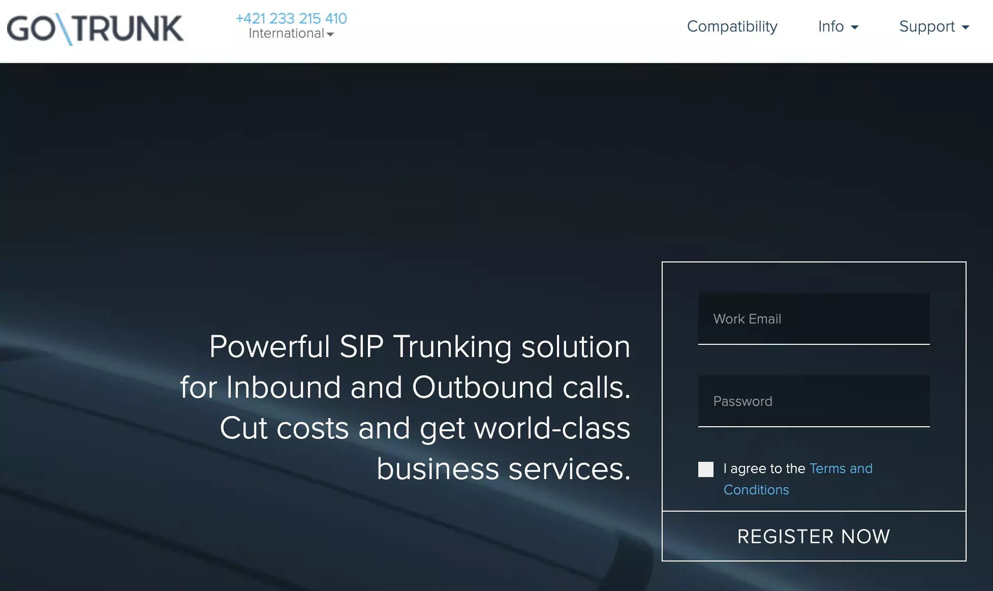 Pagina de înregistrare GoTrunk