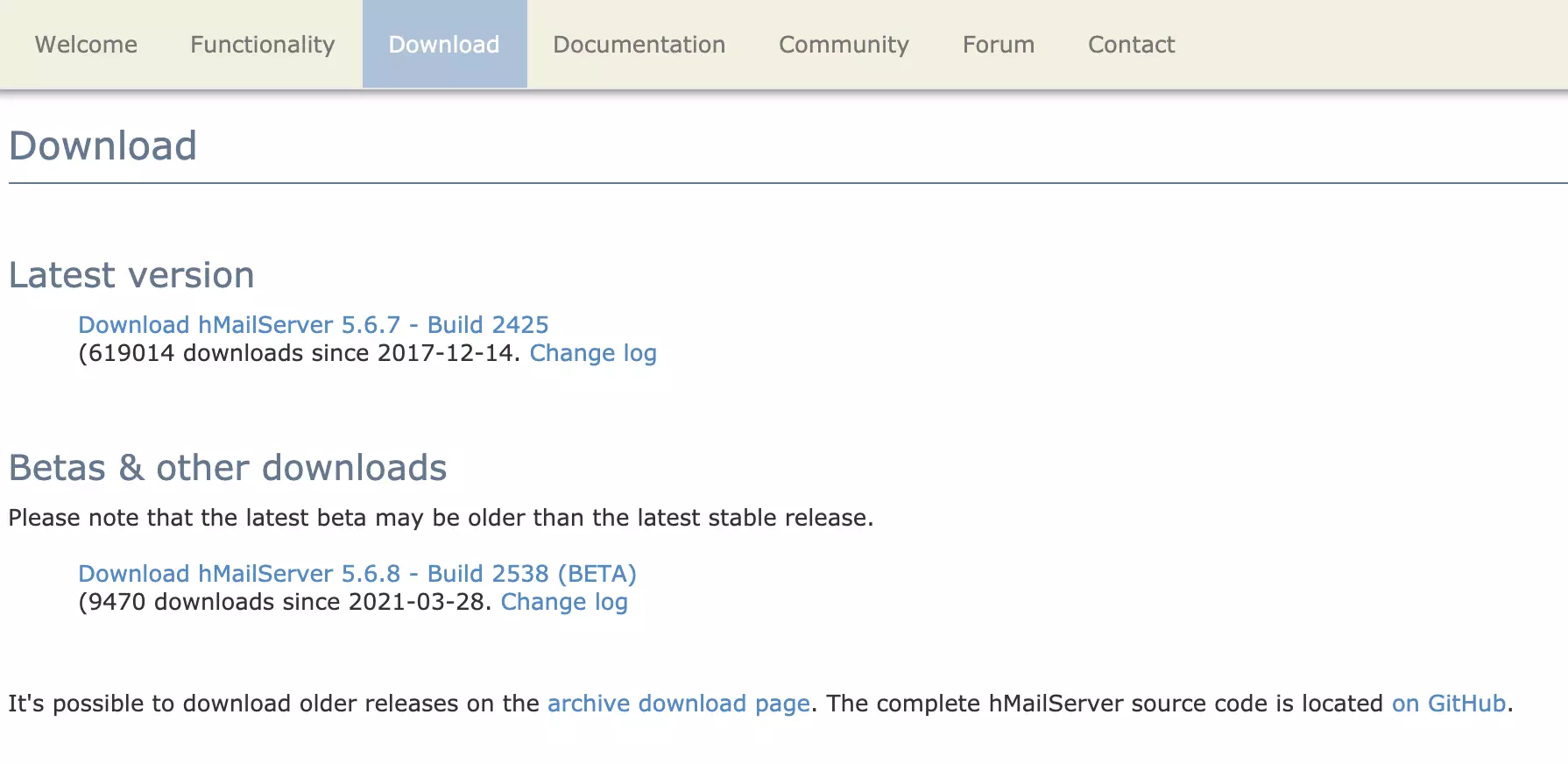 Pagina de descărcare HMailServer