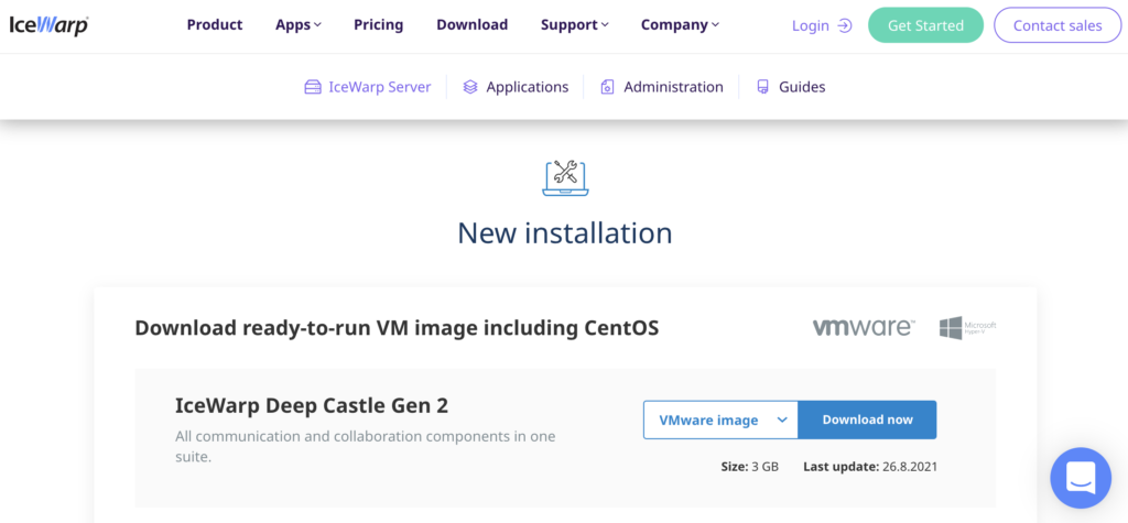 Site-ul IceWarp cu secțiunea de instalare și linkuri de descărcare