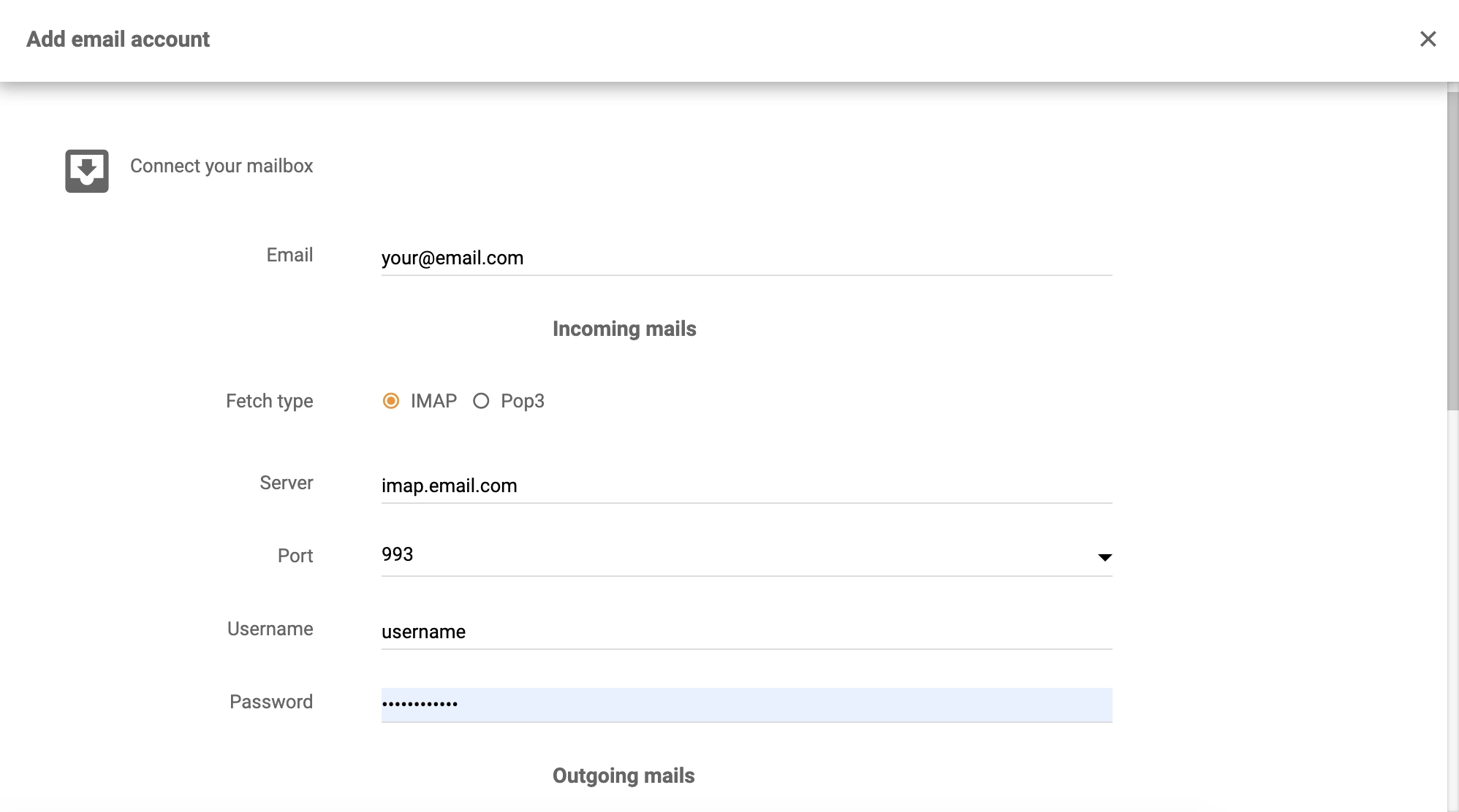 Detaliile Dovecot în configurația integrării LiveAgent