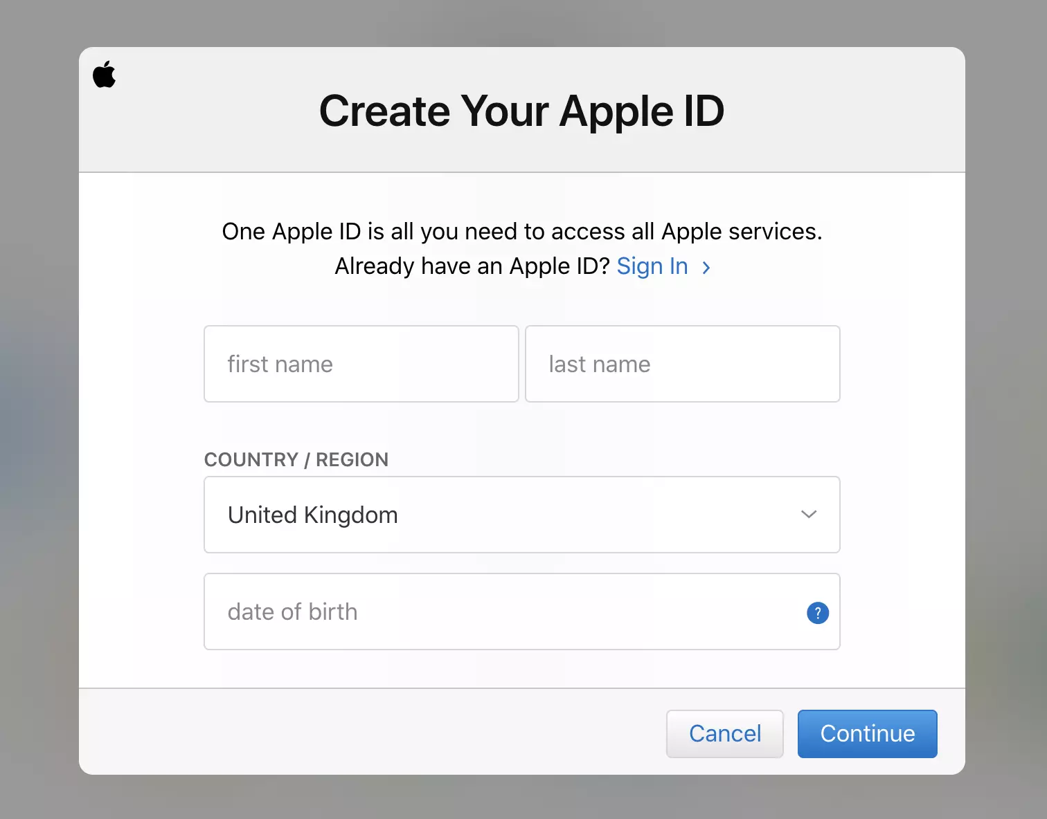Formular de înregistrare a contului iCloud