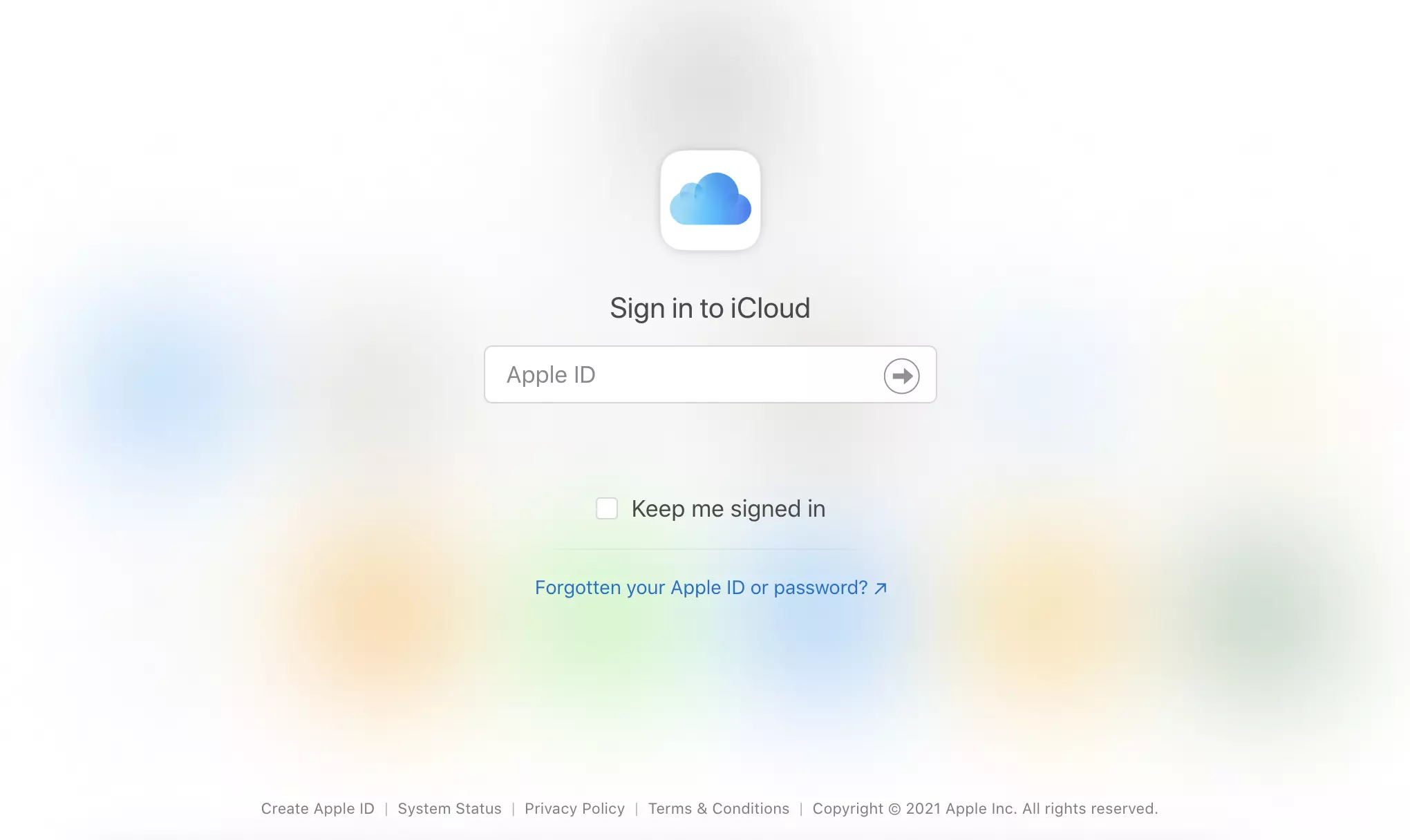Site-ul iCloud cu opțiuni de conectare