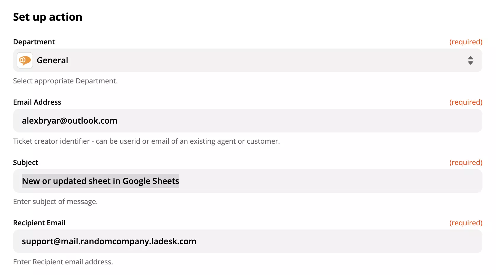 Configurare acțiune LiveAgent în integrarea Google Sheets