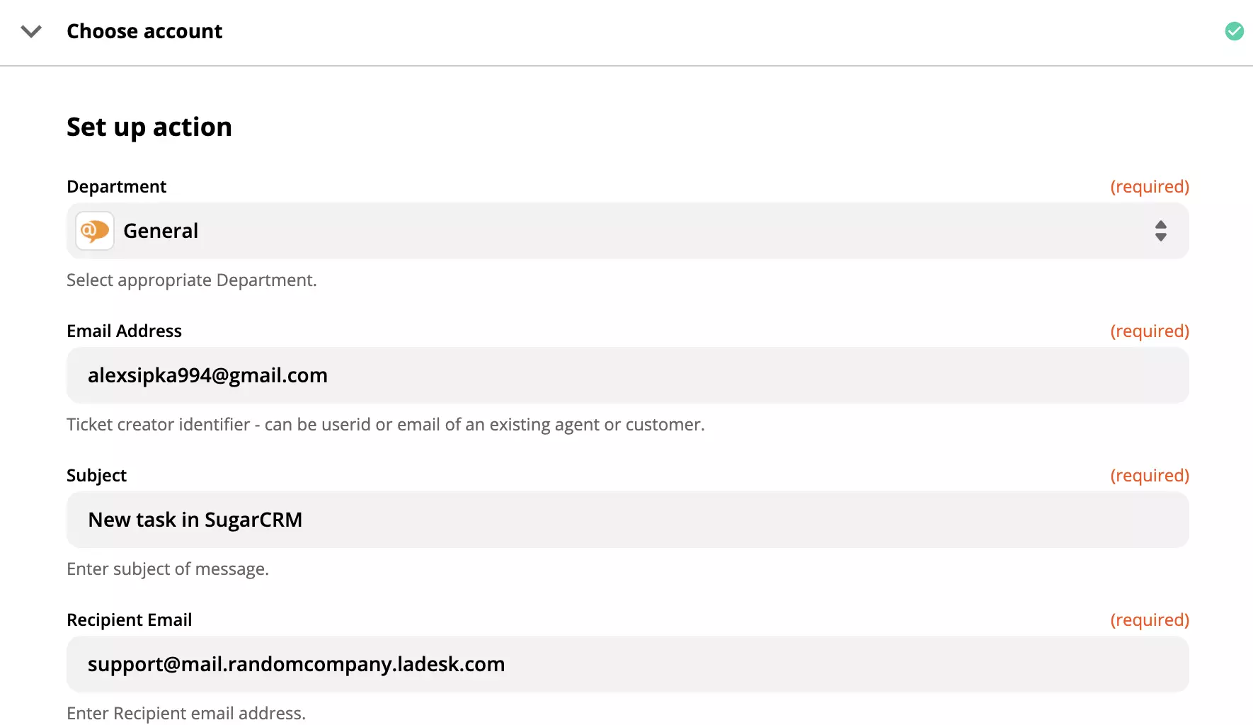 Setare acțiune LiveAgent cu câmpuri necesare
