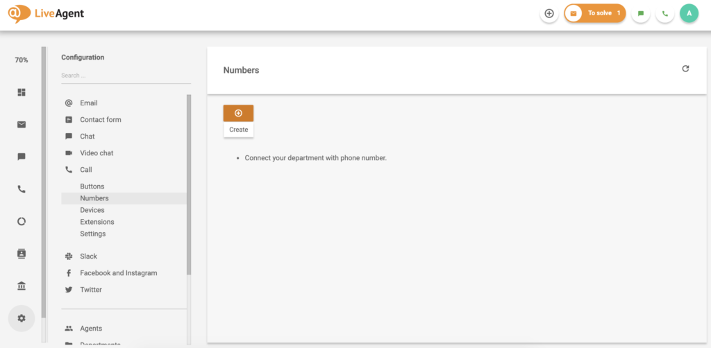 Ecran LiveAgent pentru apeluri cu opțiunea de a crea un număr nou