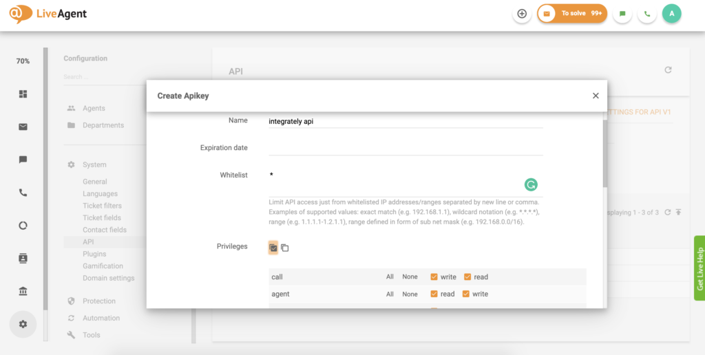 Setarea cheii API în LiveAgent