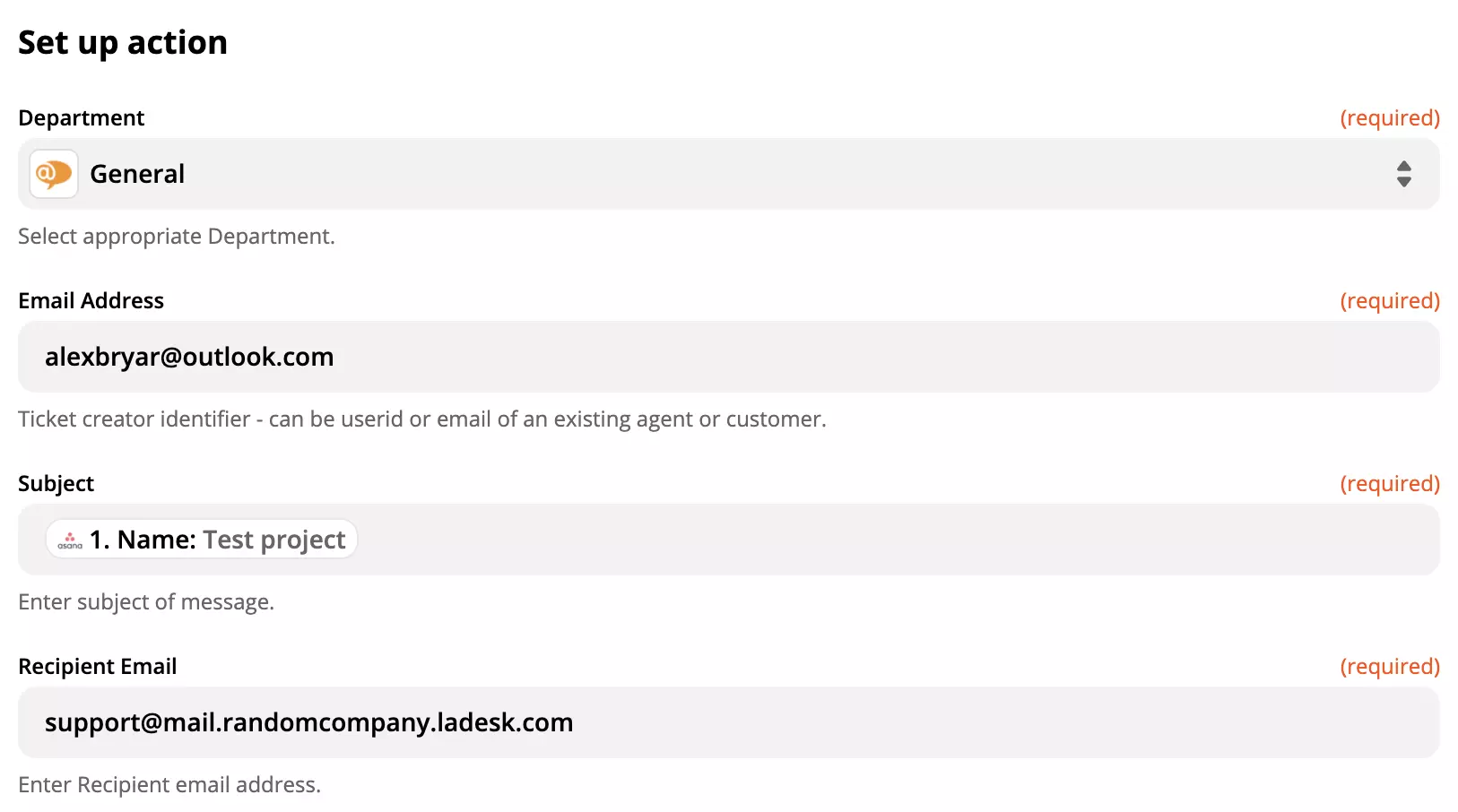 Configurarea acțiunii LiveAgent în integrarea Asana pe Zapier