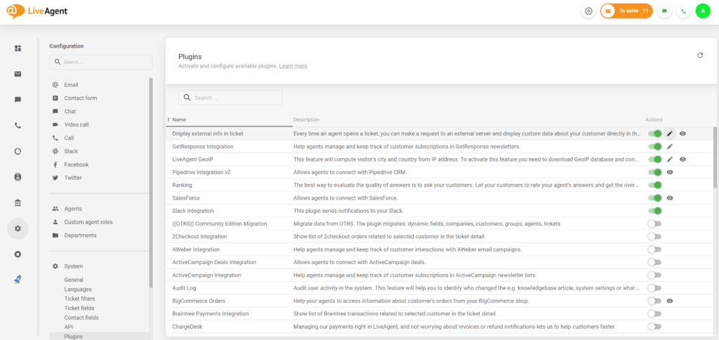 Plugin-ul de informații externe activ în configurația LiveAgent