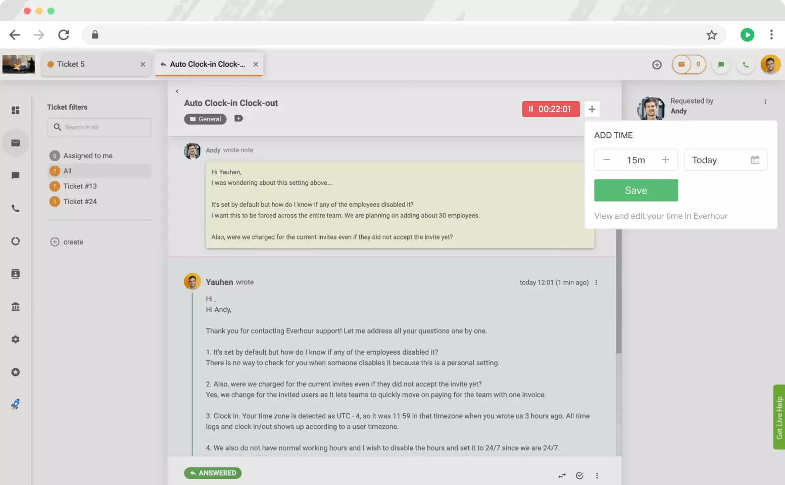 Comenzi Everhour în LiveAgent