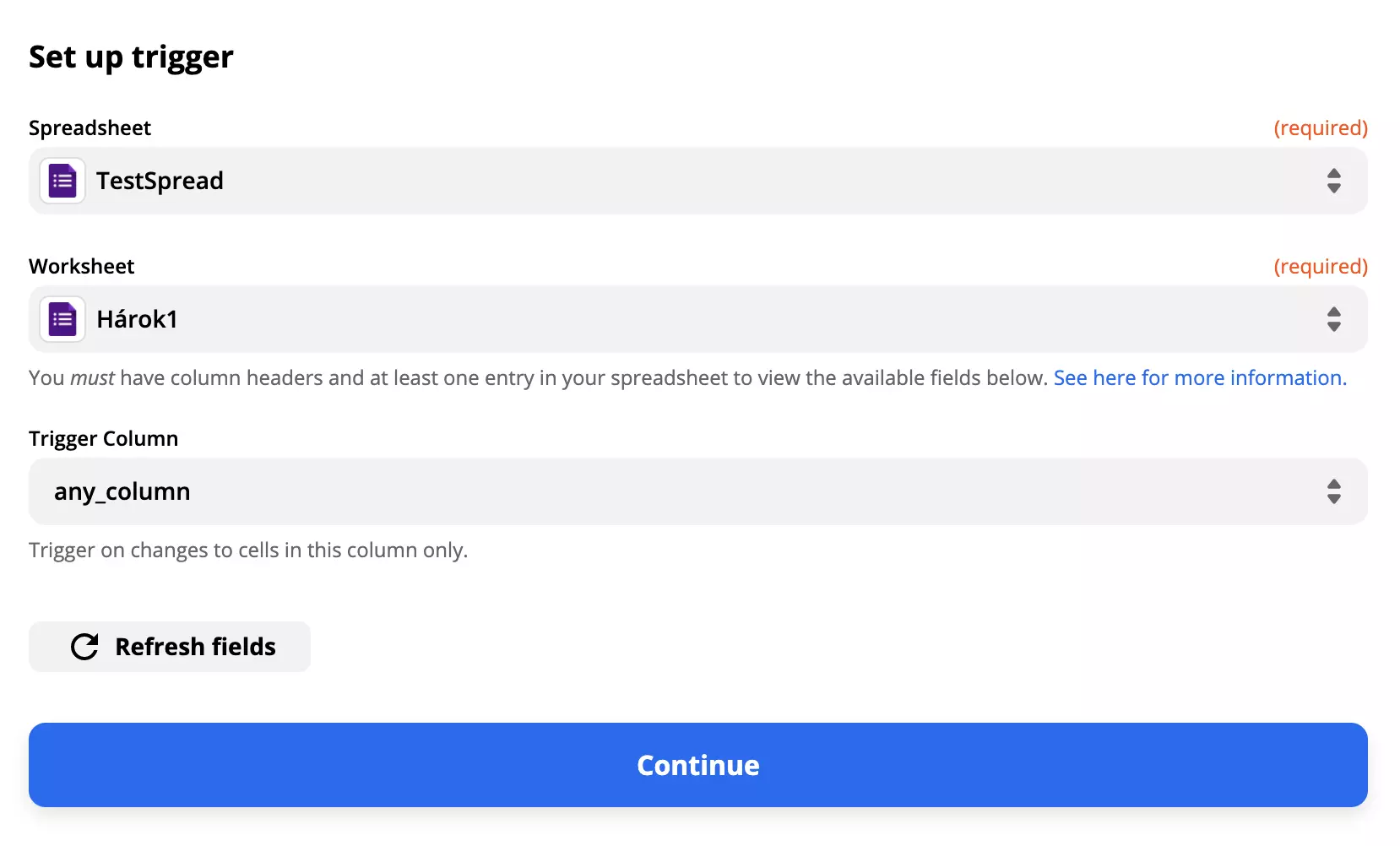 Exemplu de configurare trigger Google Forms cu câmpuri completate