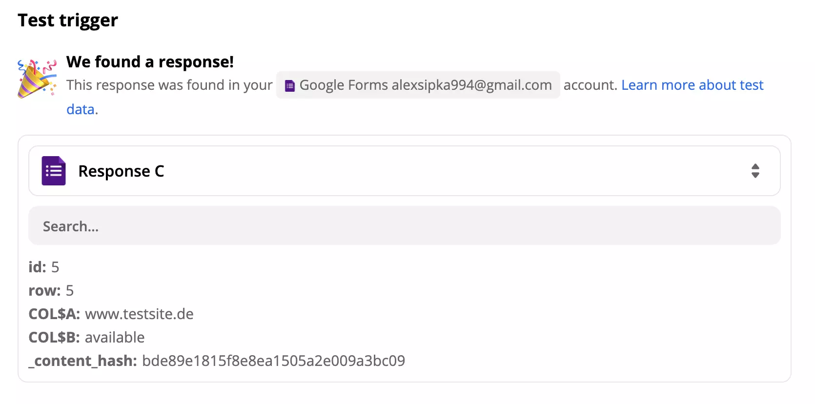 Test reușit al unui trigger Google Forms după configurare