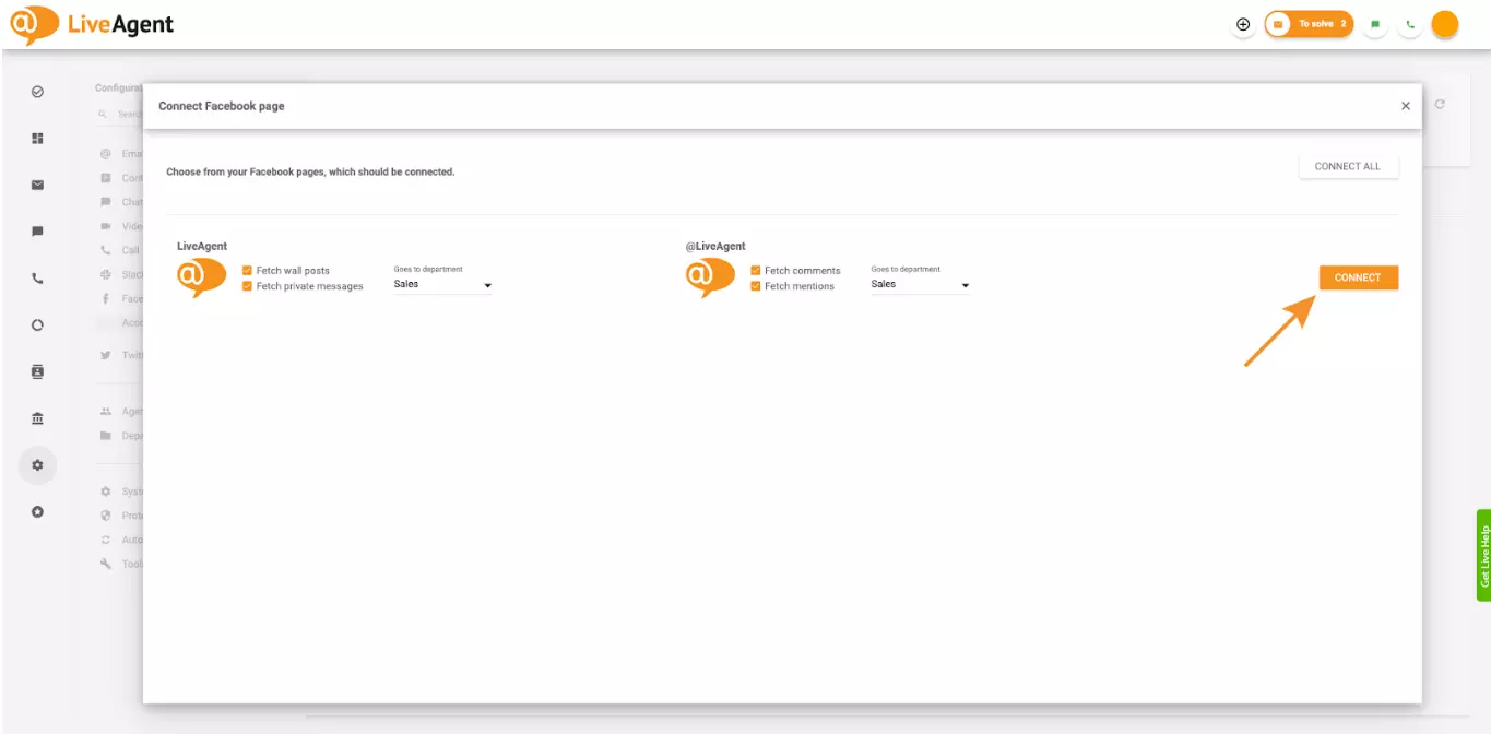 Bifarea casetelor în setări care permit LiveAgent să preia comentarii și mențiuni