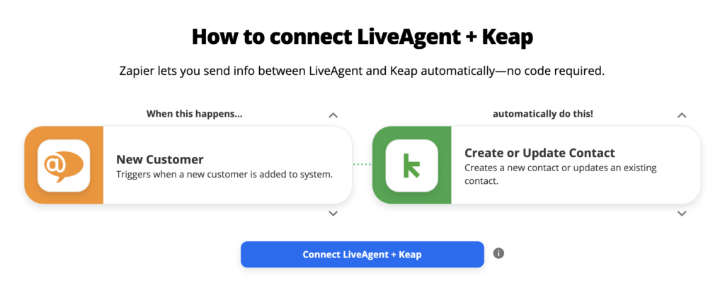 Opțiuni de integrare LiveAgent și Keap pe Zapier