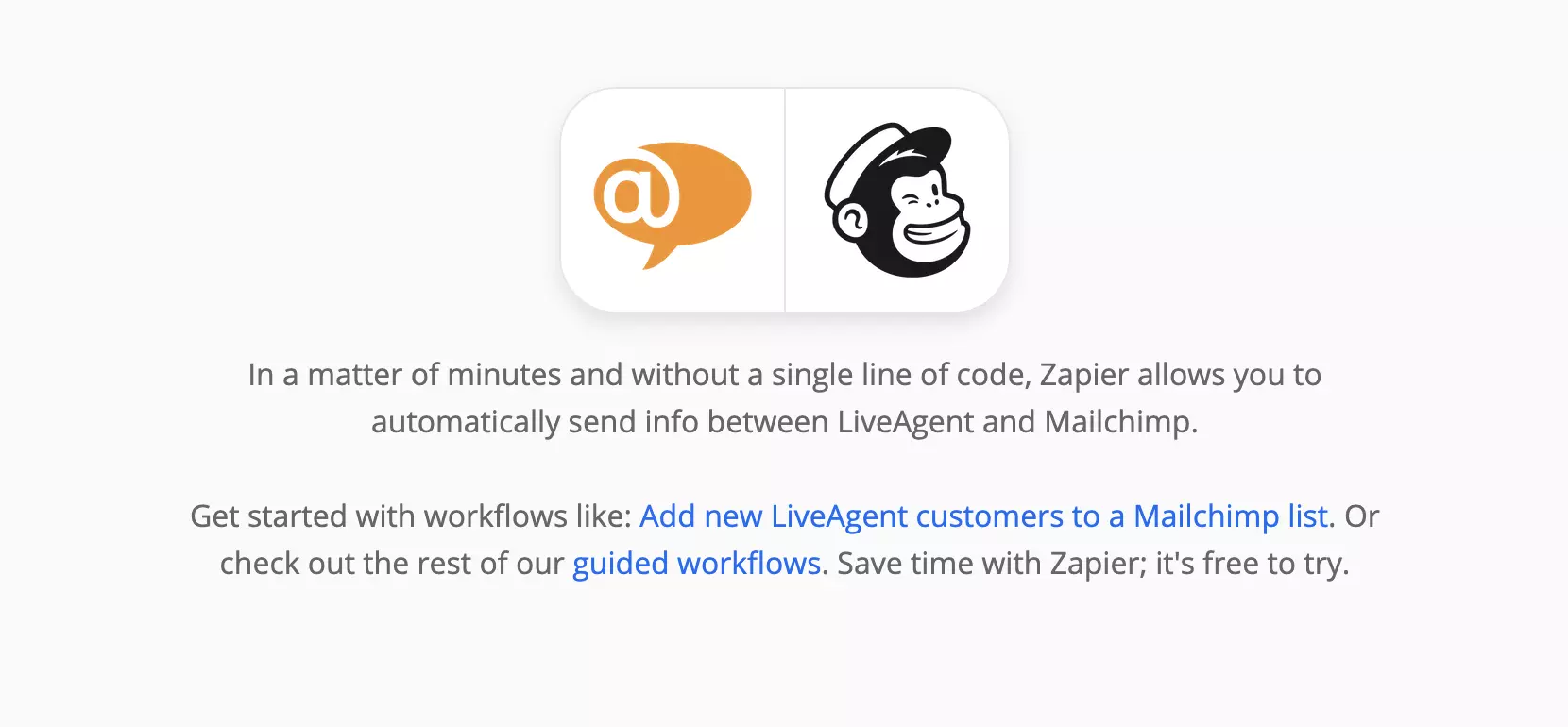 Pagina integrărilor LiveAgent și Mailchimp pe Zapier