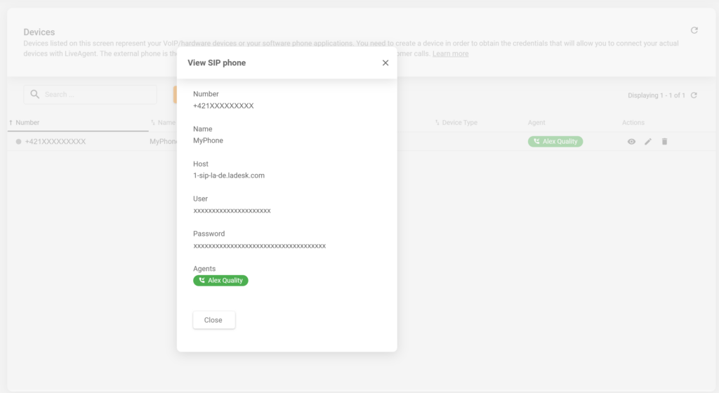 Detaliile unui telefon SIP nou creat în configurația LiveAgent