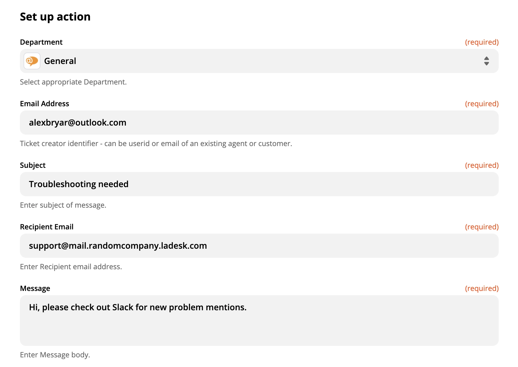 Demonstrație a configurării acțiunii LiveAgent pe Zapier
