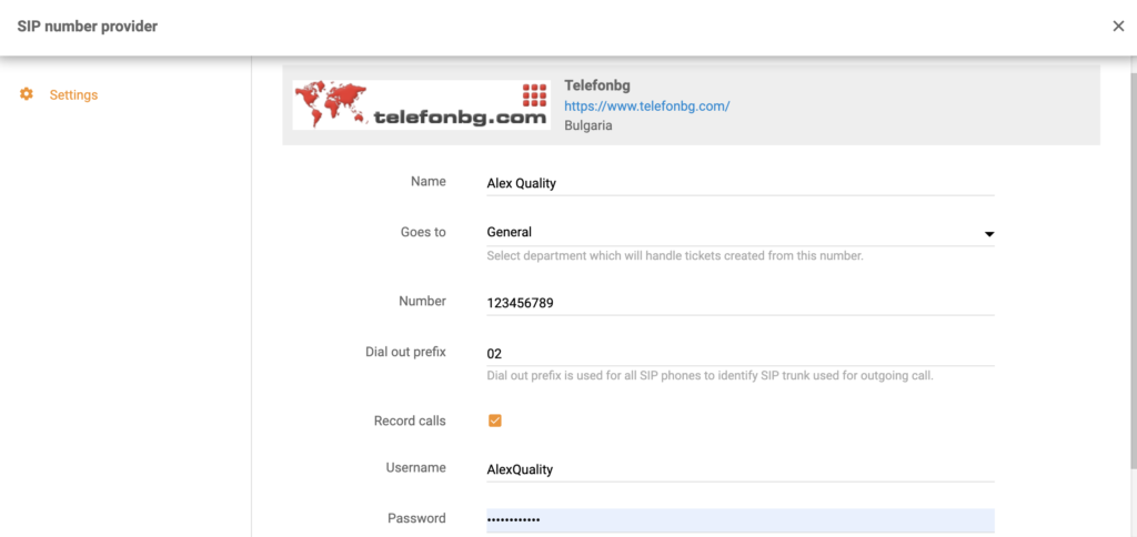 Configurare TelefonBG la adăugarea unui nou număr de centru de apeluri în LiveAgent