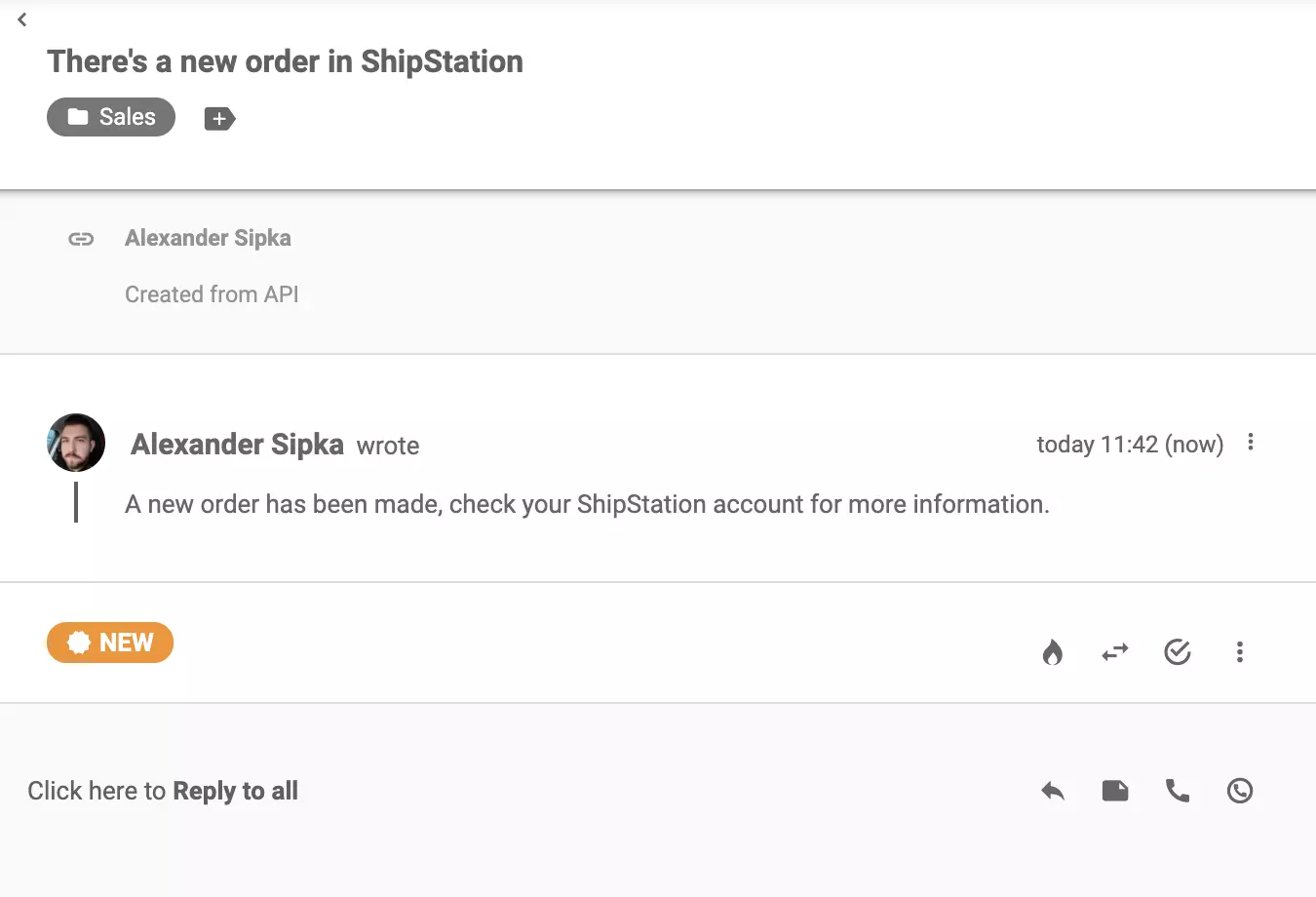 Mesaj ShipStation trimis după ce a fost efectuată o nouă comandă