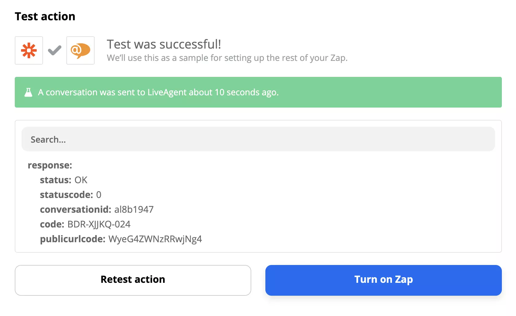 Test reușit al unei integrări Zapier LiveAgent și Trello