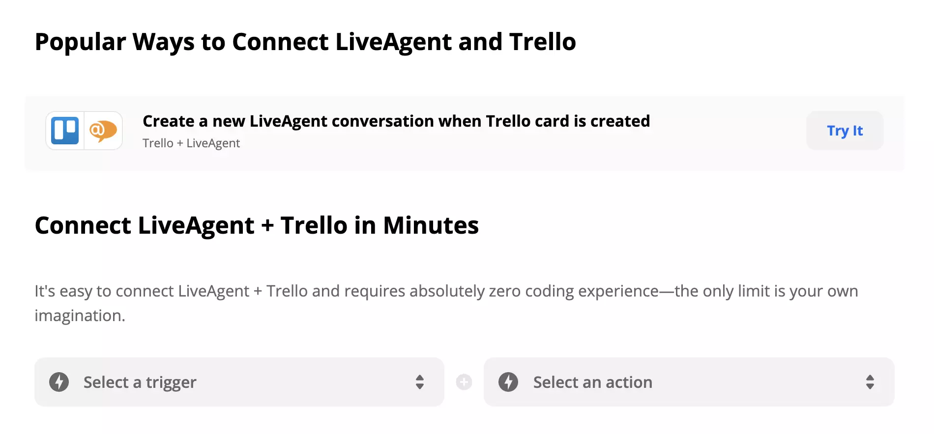 Integrarea LiveAgent și Trello pe Zapier cu selecția Trigger și Action