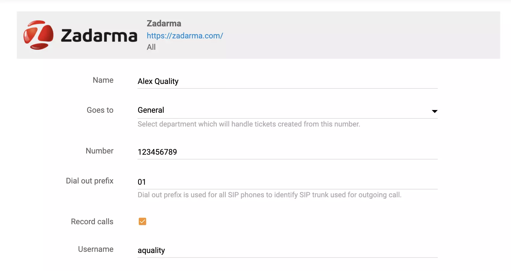 Opțiuni de configurare a apelurilor Zadarma în LiveAgent