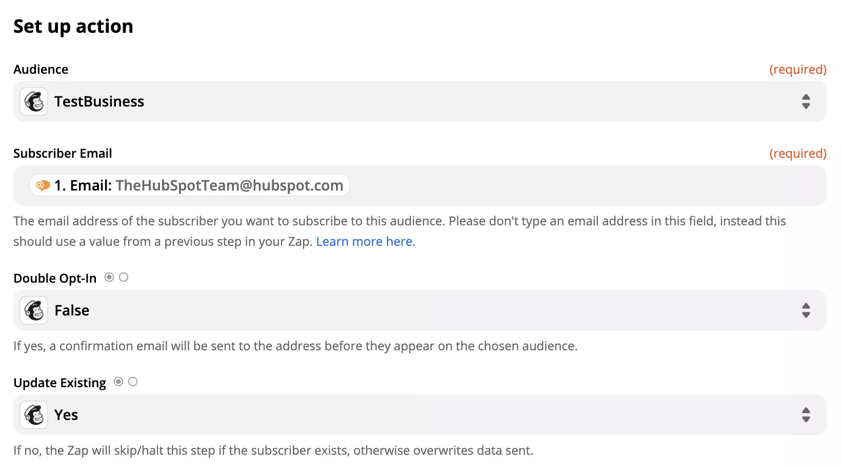 Configurarea acțiunii Mailchimp