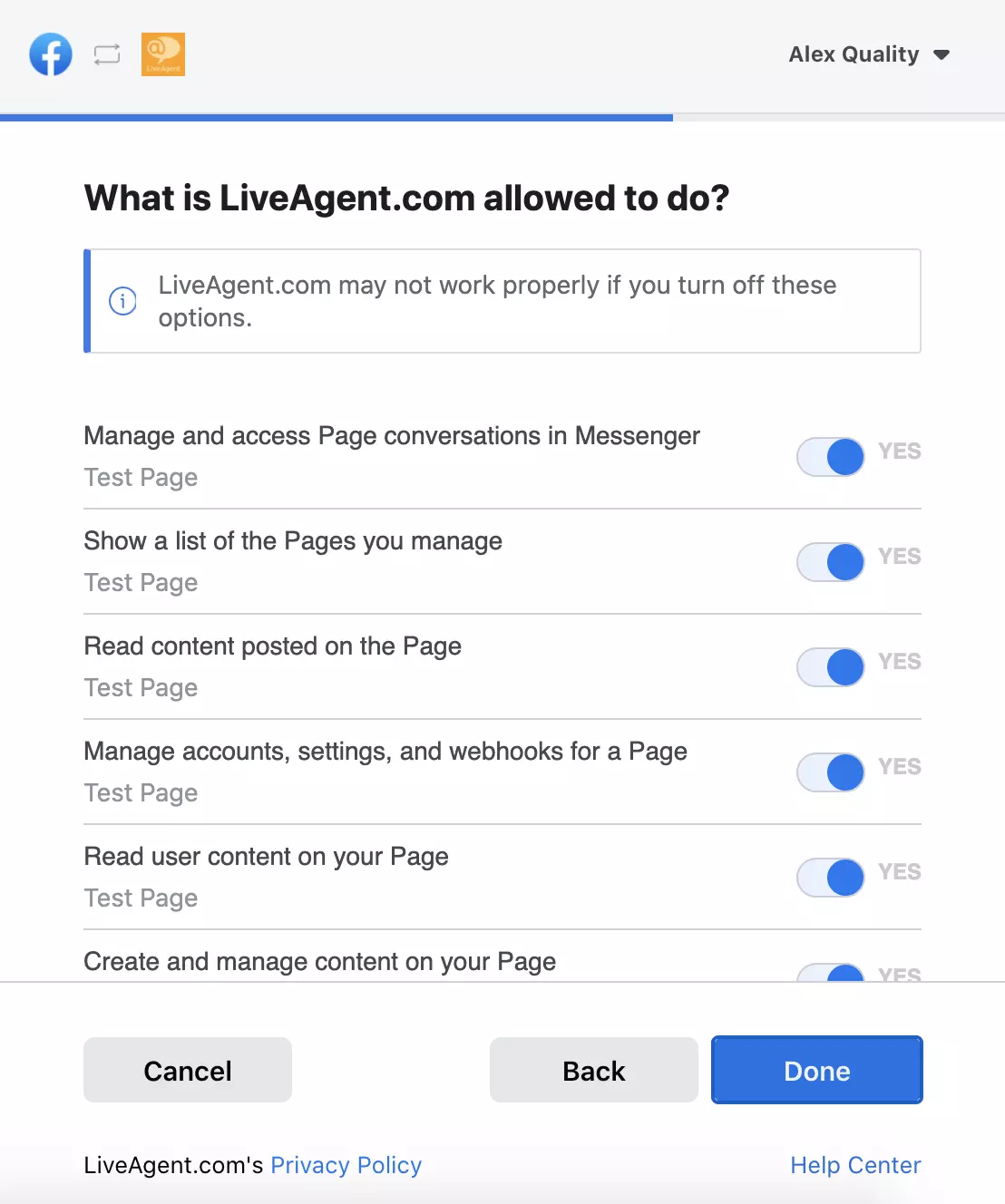List of permissions that shows which data can be accessed by LiveAgent