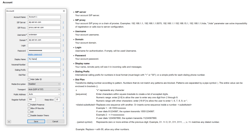 MicroSIP adăugare cont nou
