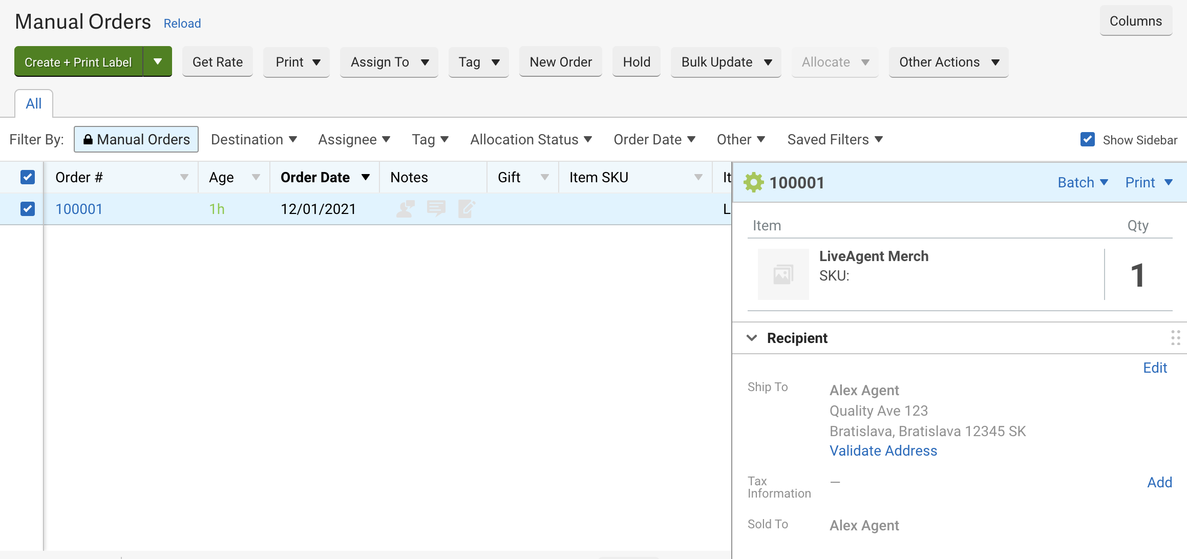 O nouă comandă creată în ShipStation