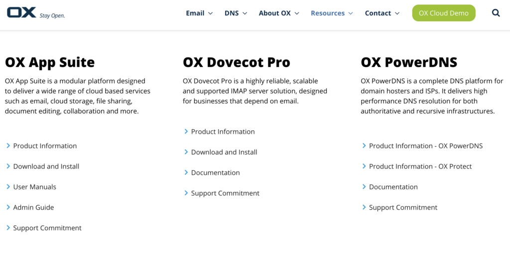 Site-ul Open-Xchange cu opțiuni de descărcare și ghiduri
