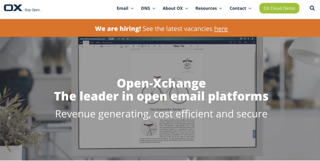 Pagina de start Open-Xchange cu beneficii