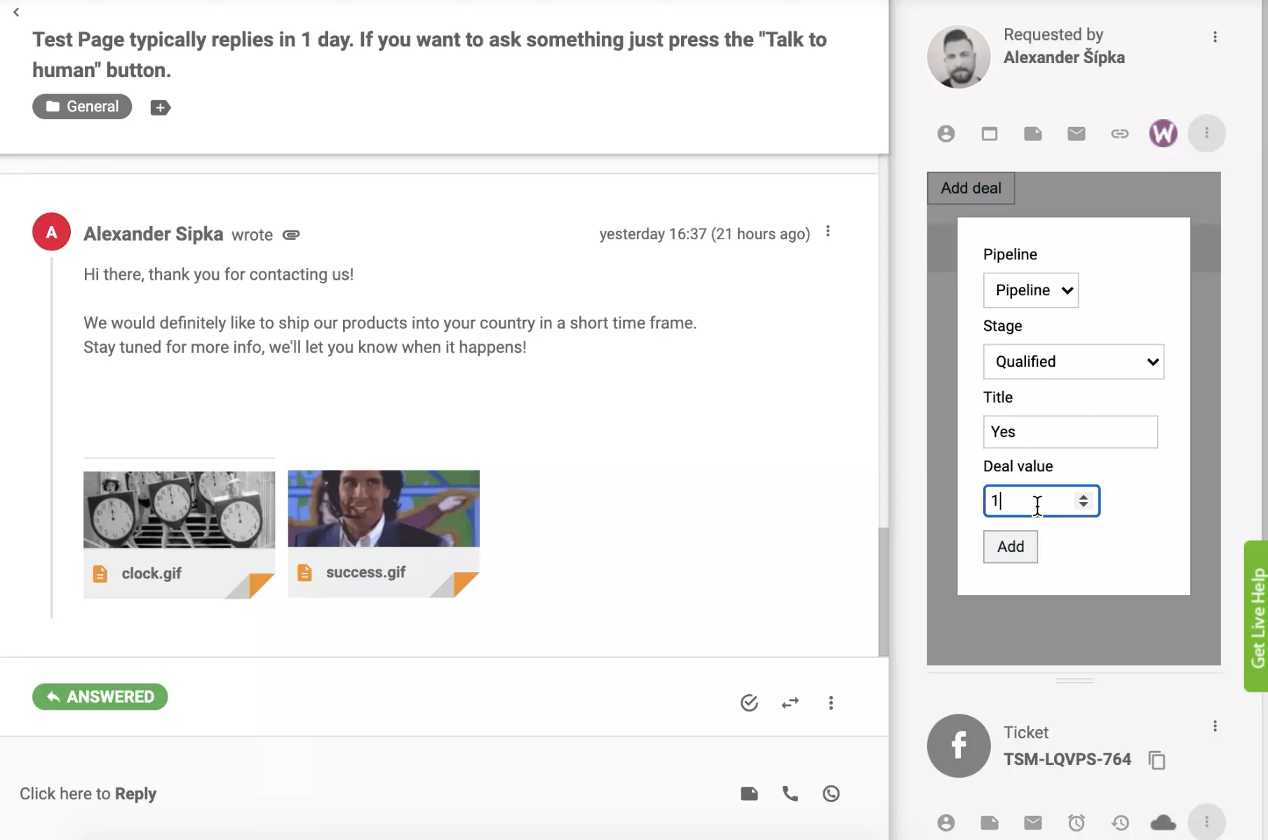 Adaugă un acord cu integrarea CRM PipeDrive în vizualizarea tichetului LiveAgent
