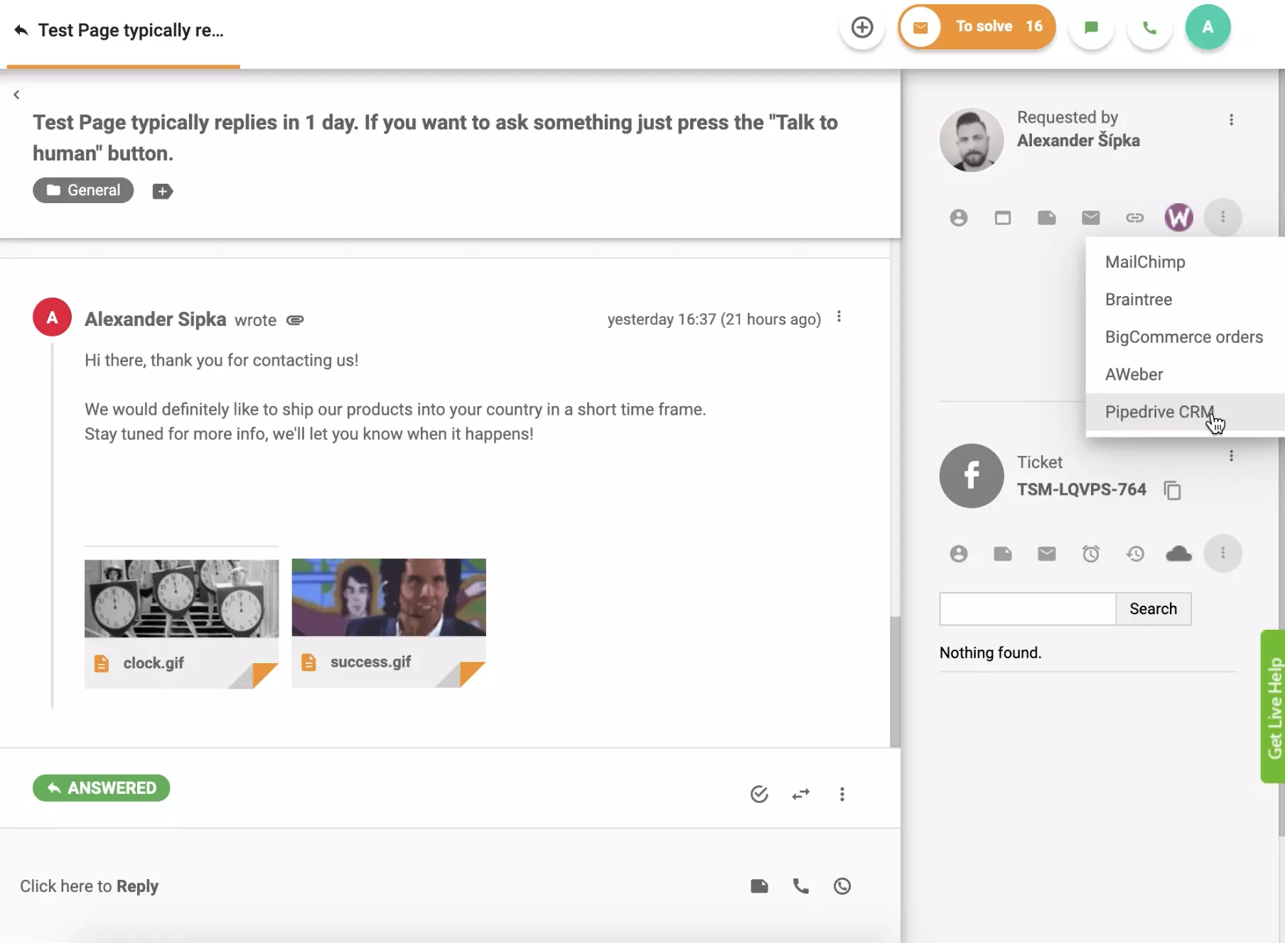 CRM PipeDrive este activ în vizualizarea tichetului LiveAgent